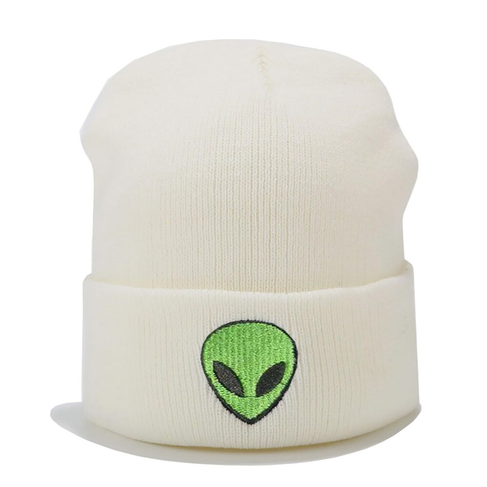 5677 Alien Embroidered Cuffed Beanie Hat Graphic Knitted Skull Cap Double